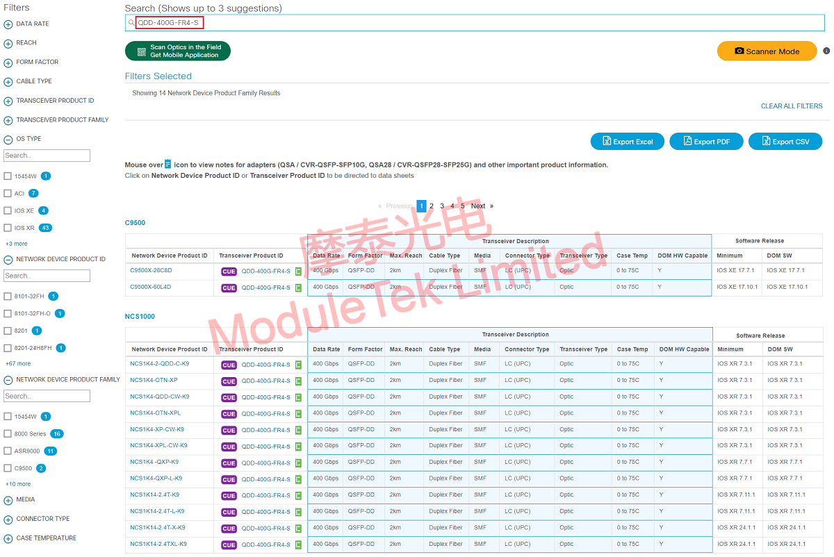 Search Optical Module Compatibility Matrix